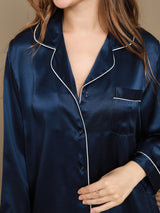 [Mørke blå] SilkSilky-NO Long Sleeve Lapel Collar Pyjamas for Kvinner 008