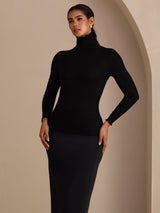 [Svart] SilkSilky-NO Long Sleeve Turtle Neck T-skjorte for Kvinner 004
