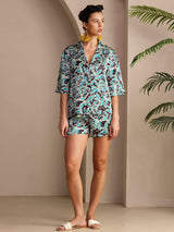 [Teal Botanisk] SilkSilky-NO Short Sleeve Notch Collar Pyjamas for Kvinner 004