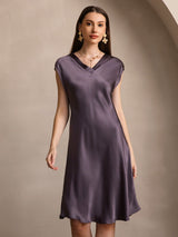 [Lilla Grå] SilkSilky-NO Cap Sleeve V Neck Nattkjole 003