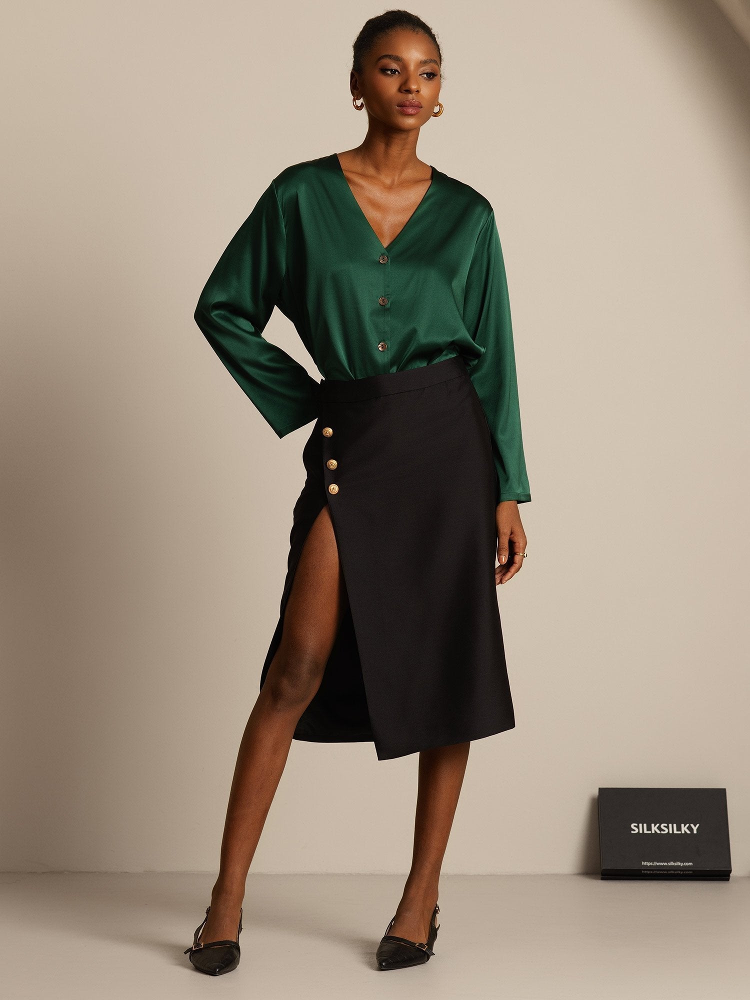 [Svart] SilkSilky-NO 32Momme Silk-Wool Blend Skirt 006,