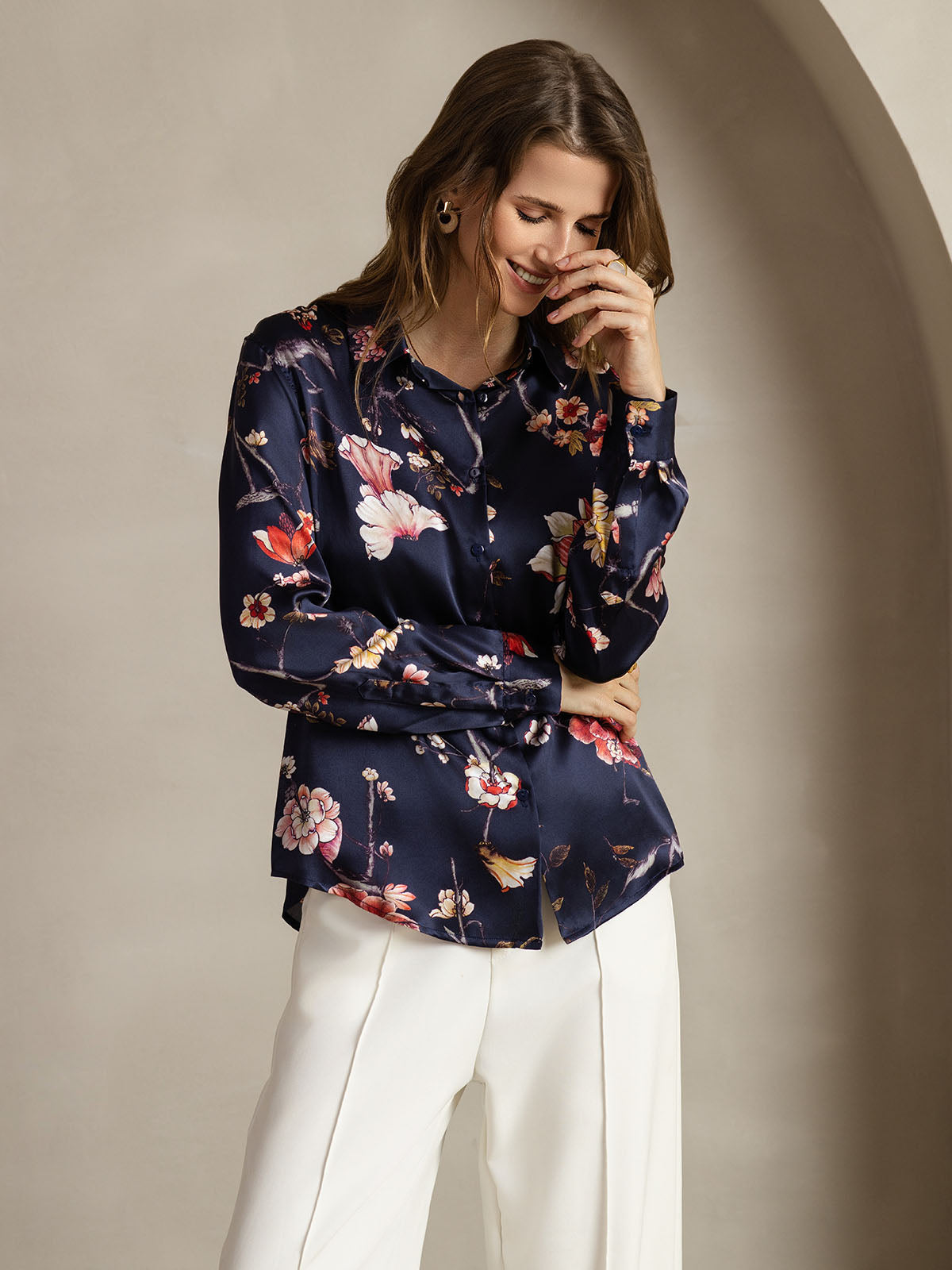 [Marine Blomster] SilkSilky-NO Silke Lapel Collar Skjorte for Kvinner 005