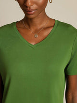 [Grønn] SilkSilky-NO Short Sleeve V Neck T-skjorte for Kvinner 004
