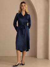 [Mørke blå] SilkSilky-NO Long Sleeve Lapel Collar Kjole 006