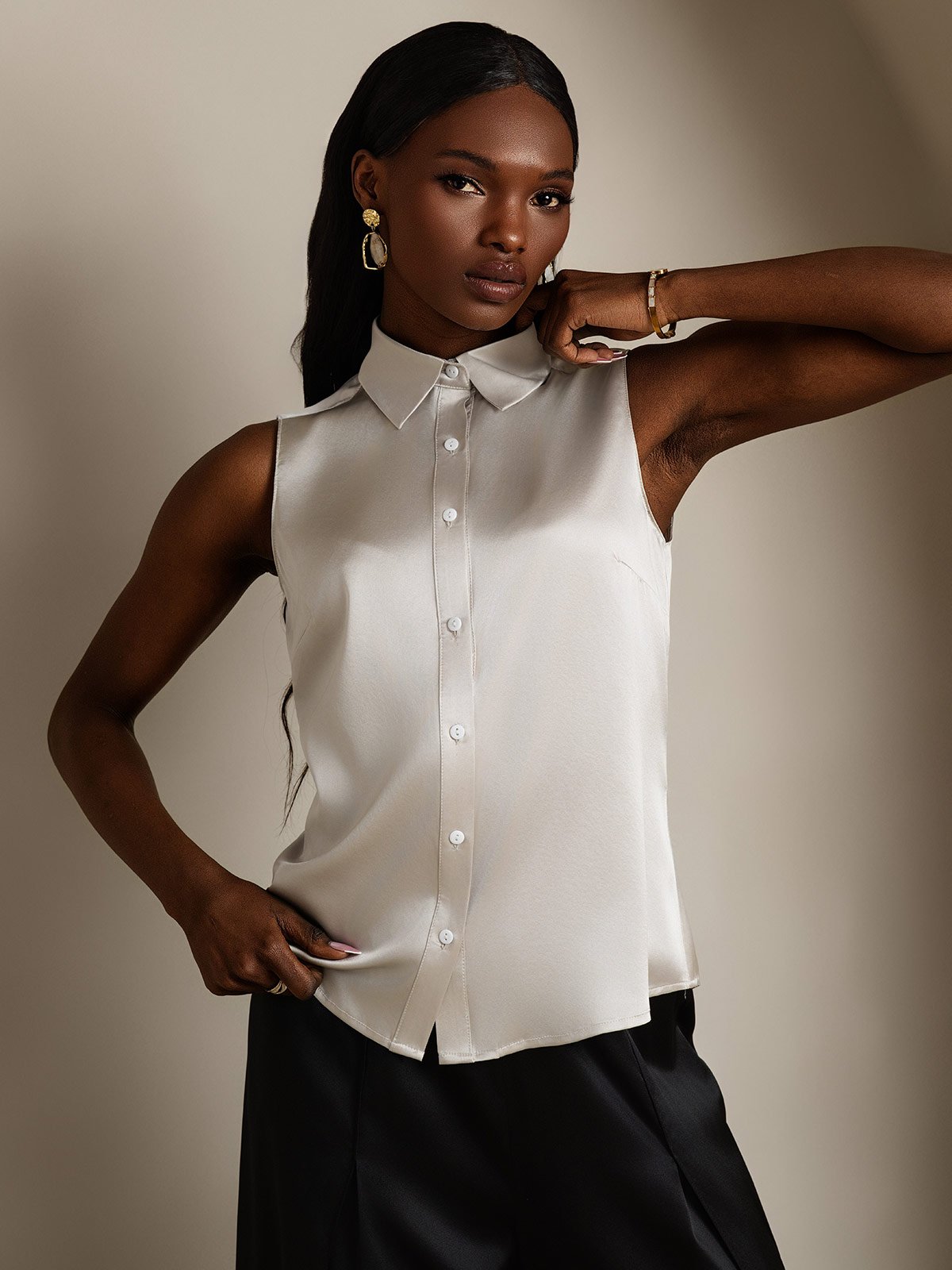 SilkSilky-NO 19Momme Silke Womens Shirt Lysegrå 004