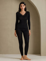 [Svart] SilkSilky-NO Long Sleeve V Neck Dame Langt Undertøy 001
