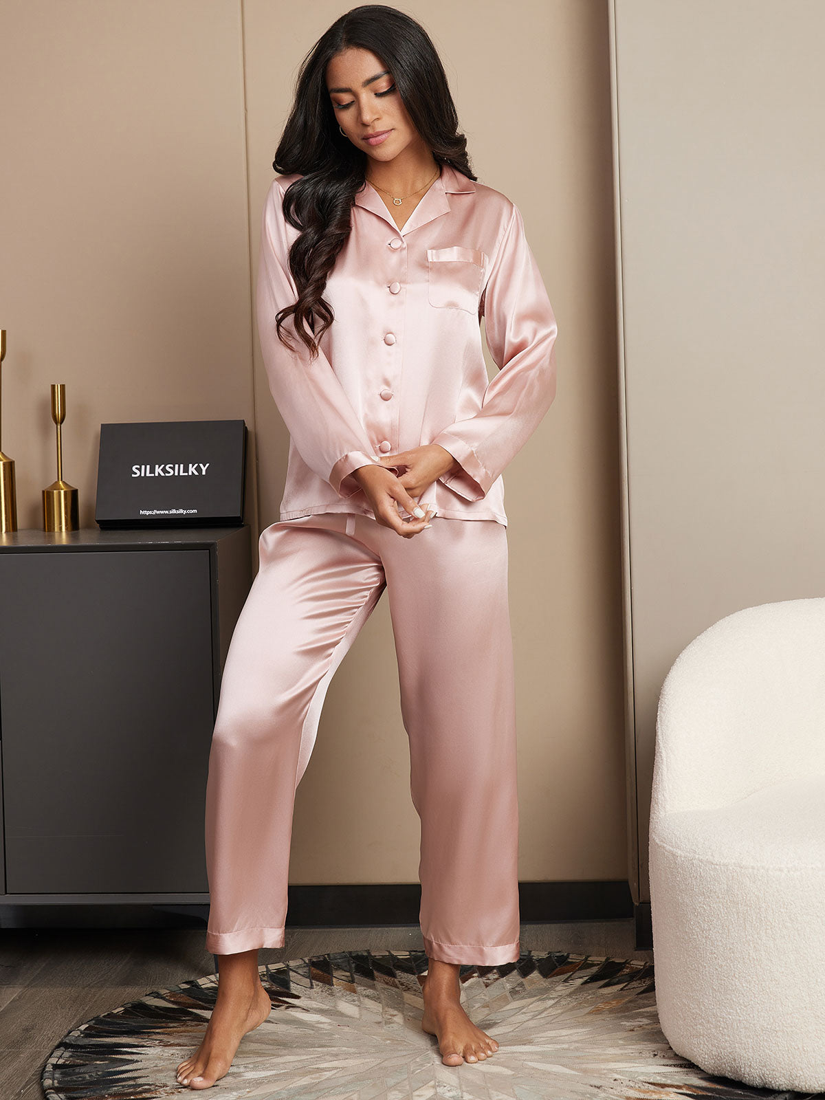 SilkSilky US Pure Silk Long Sleeve Lapel Women's Pajamas Pink 005