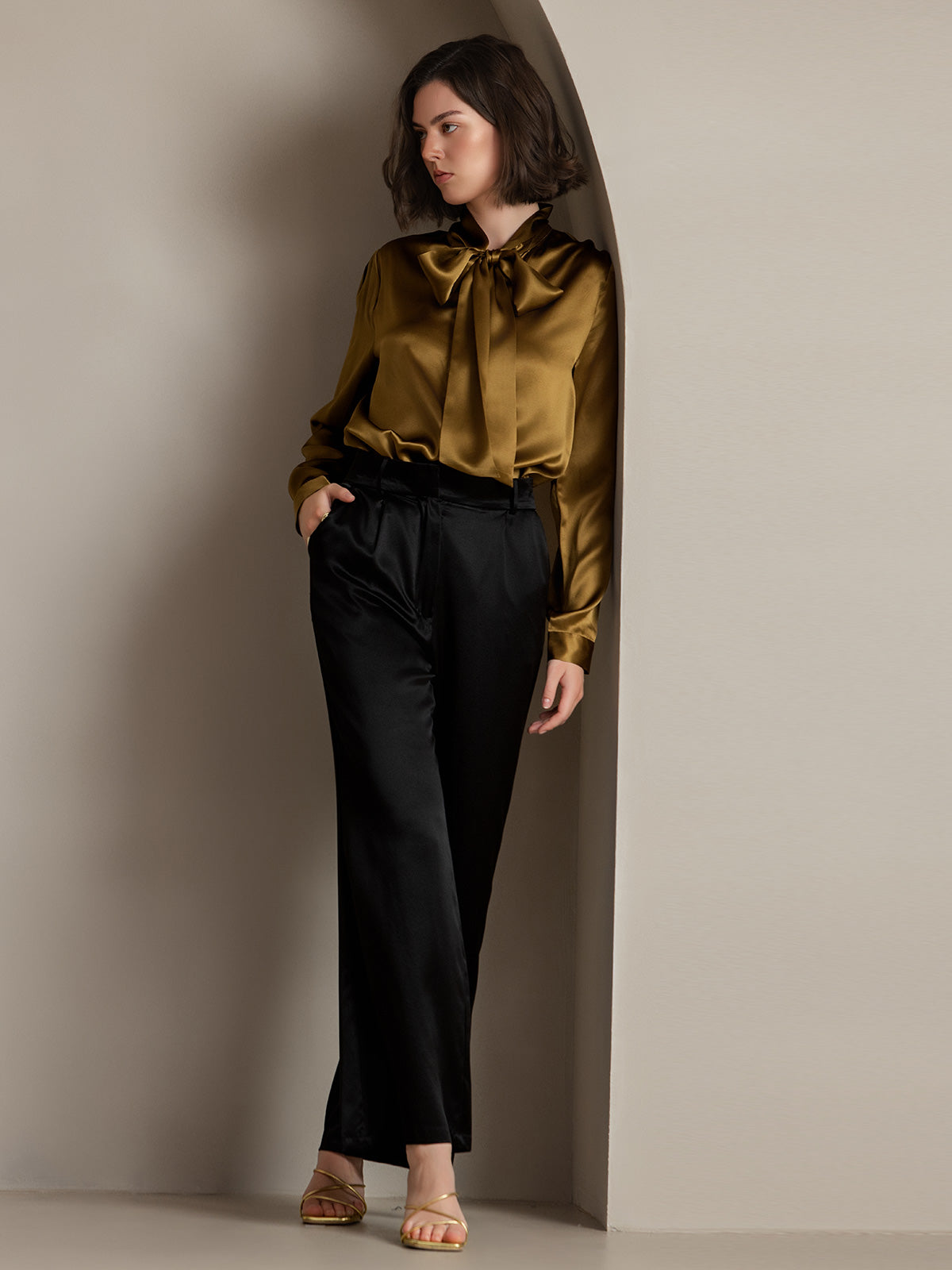 [Brun] SilkSilky-NO 19Momme Silke Long Sleeve Tie Neck Skjorte for Kvinner 006