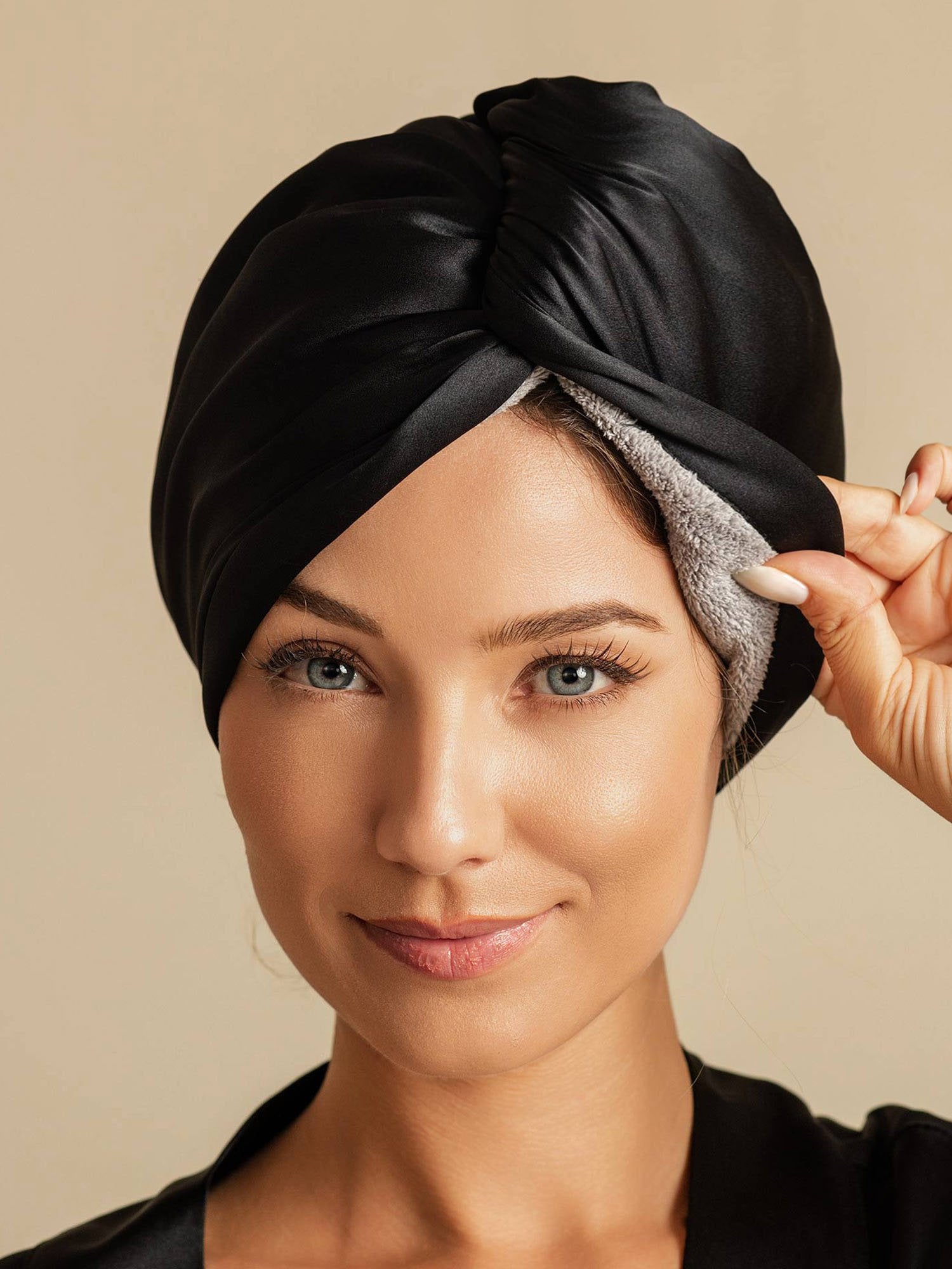[Svart] SilkSilky-NO Silke Hair Towel Wrap 001,