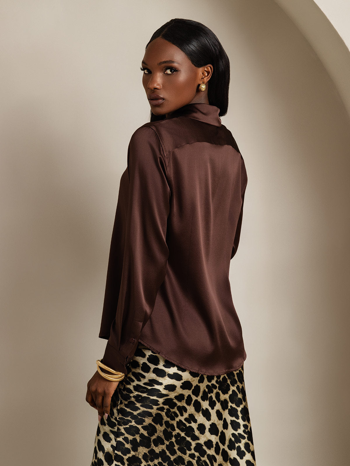 [Mørk Sjokolade] SilkSilky-NO Silke Lapel Collar Skjorte for Kvinner 002