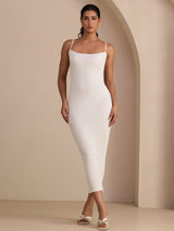 [Hvit] SilkSilky-NO Spaghetti Strap Boat Neck Kjole 007