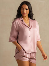 [Ferskenhud] SilkSilky-NO 19Momme Halv erme Notchkrage Pyjamas for Kvinner 005