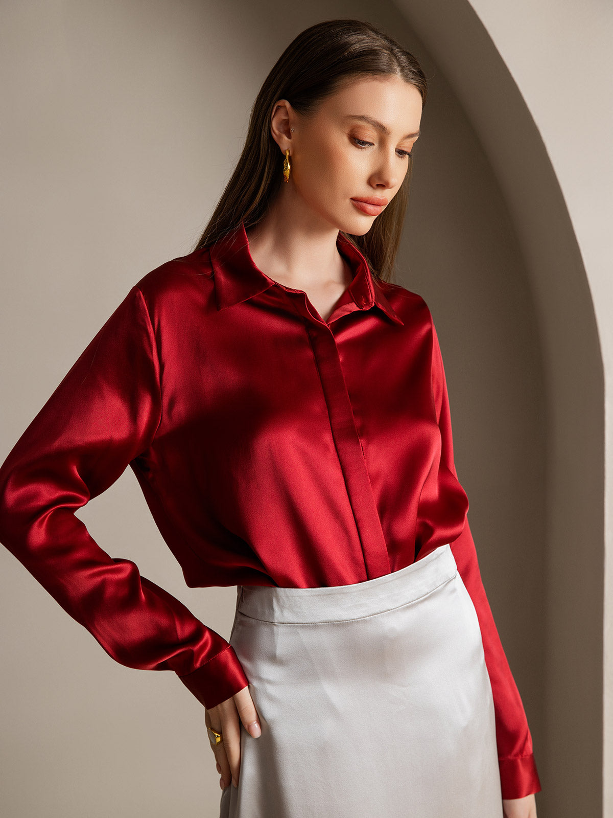 [Vin] SilkSilky-NO 19Momme Silke Lapel Collar Skjorte for Kvinner 001