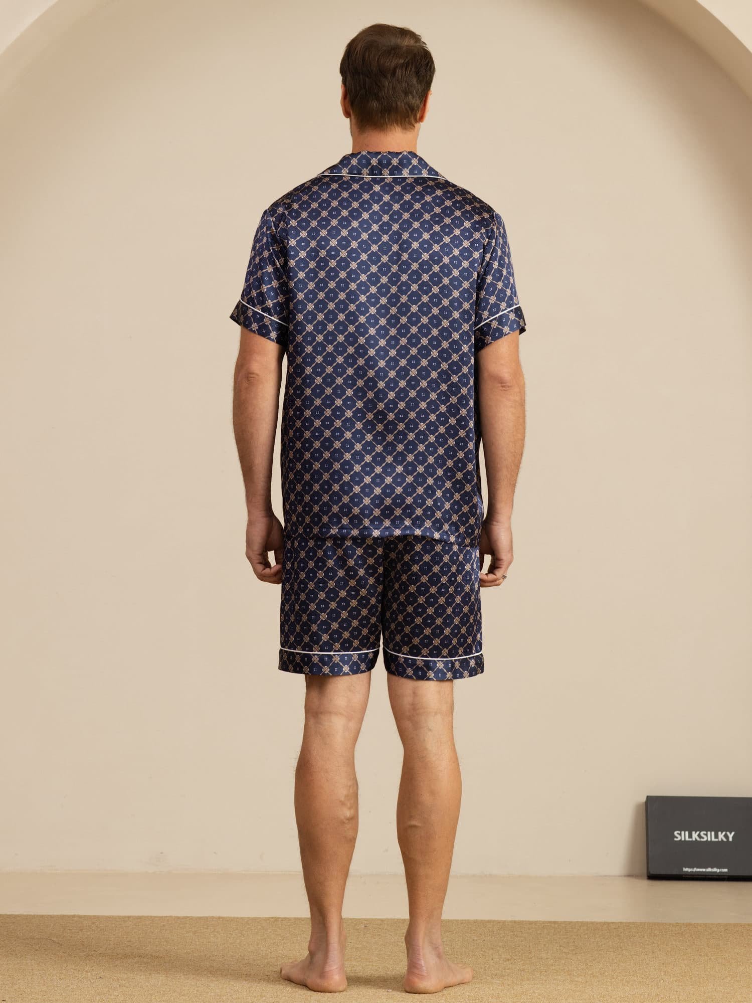 [Marine Kjede] SilkSilky-NO Short Sleeve Lapel Collar Pyjamas for menn 002