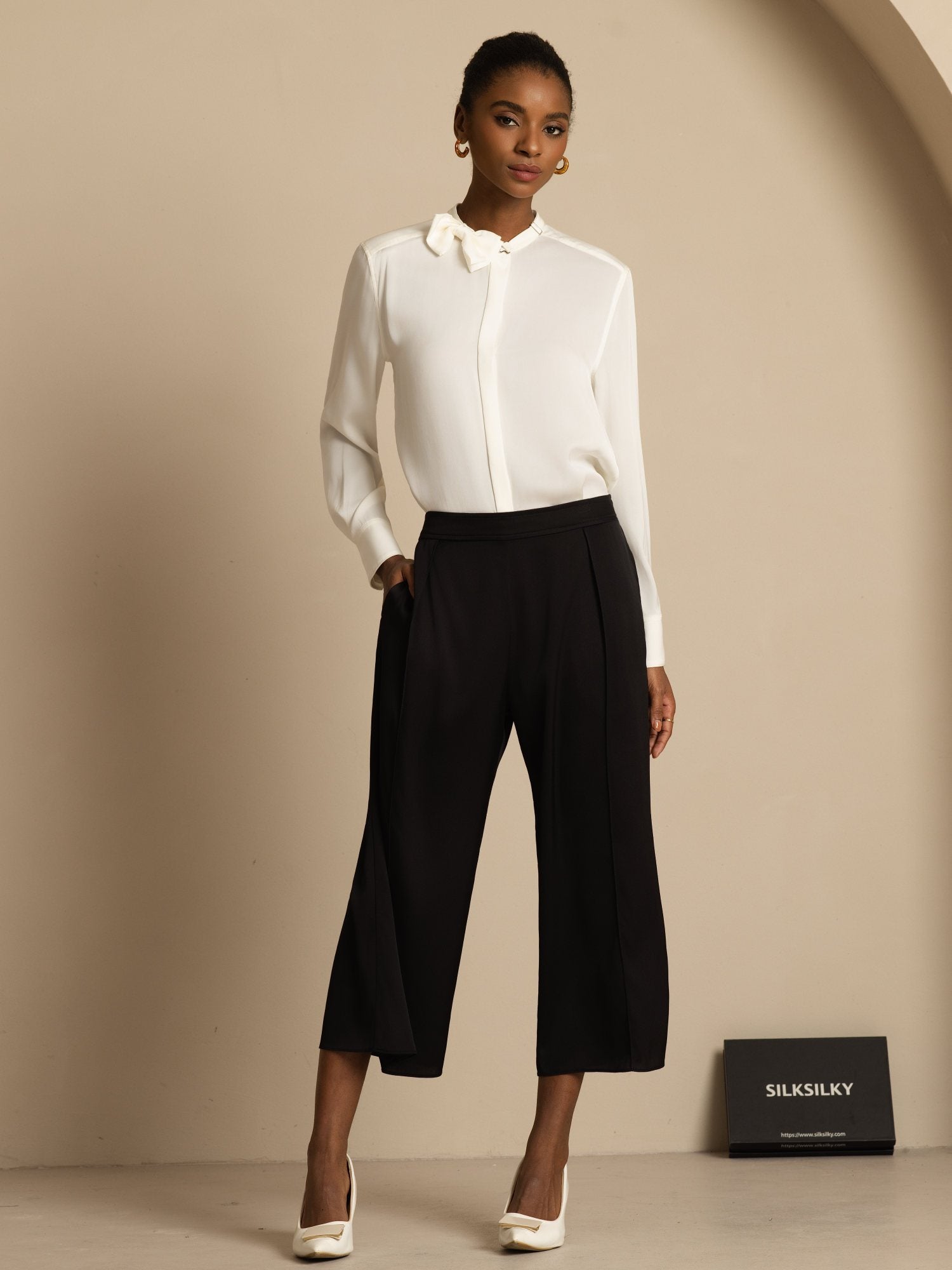 [Hvit] SilkSilky-NO 19Momme Silke Langermet Ståkrave Bluse 008