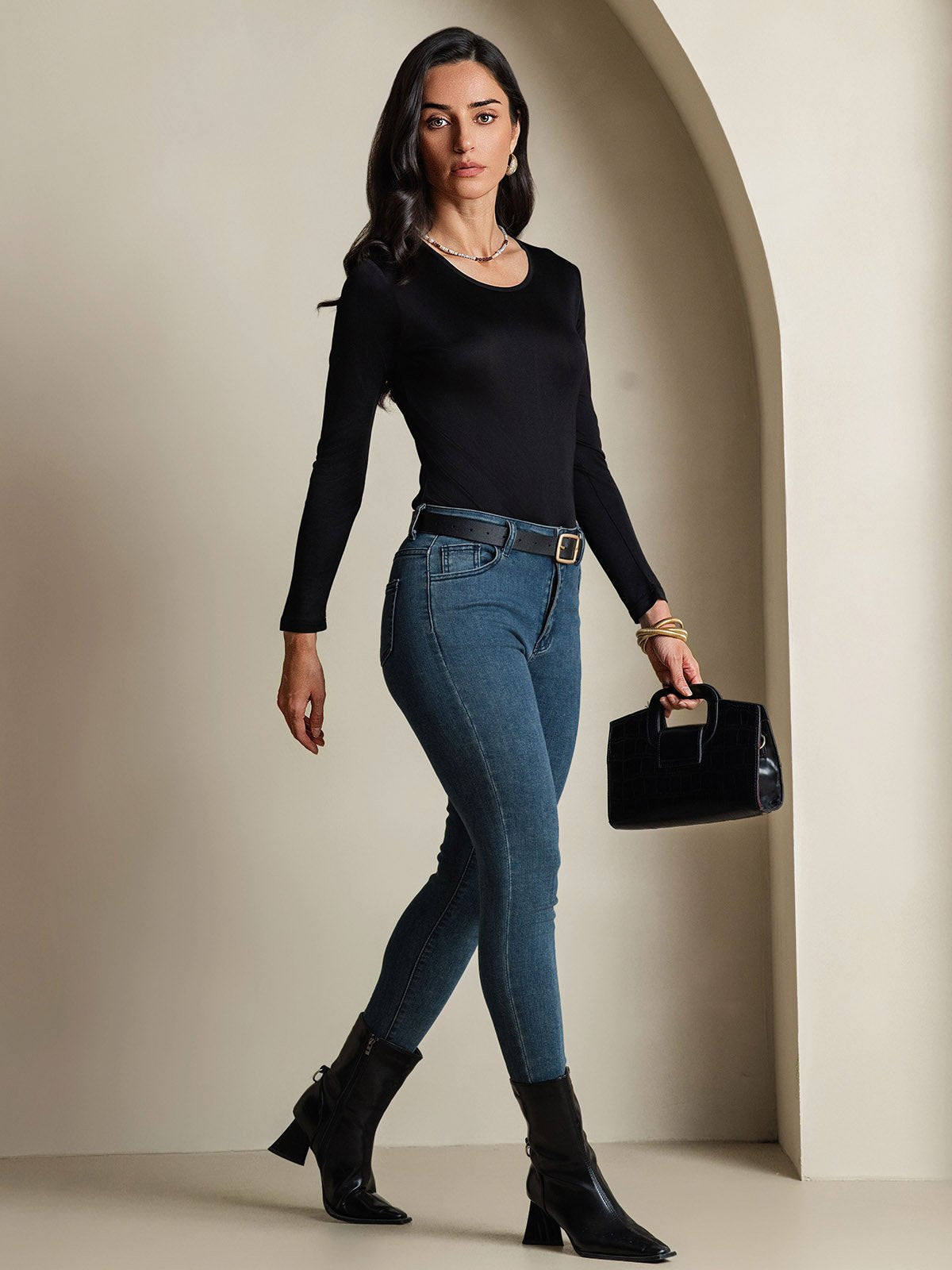 [Svart] SilkSilky-NO Silke Long Sleeve Round Neck T-skjorte for Kvinner 008