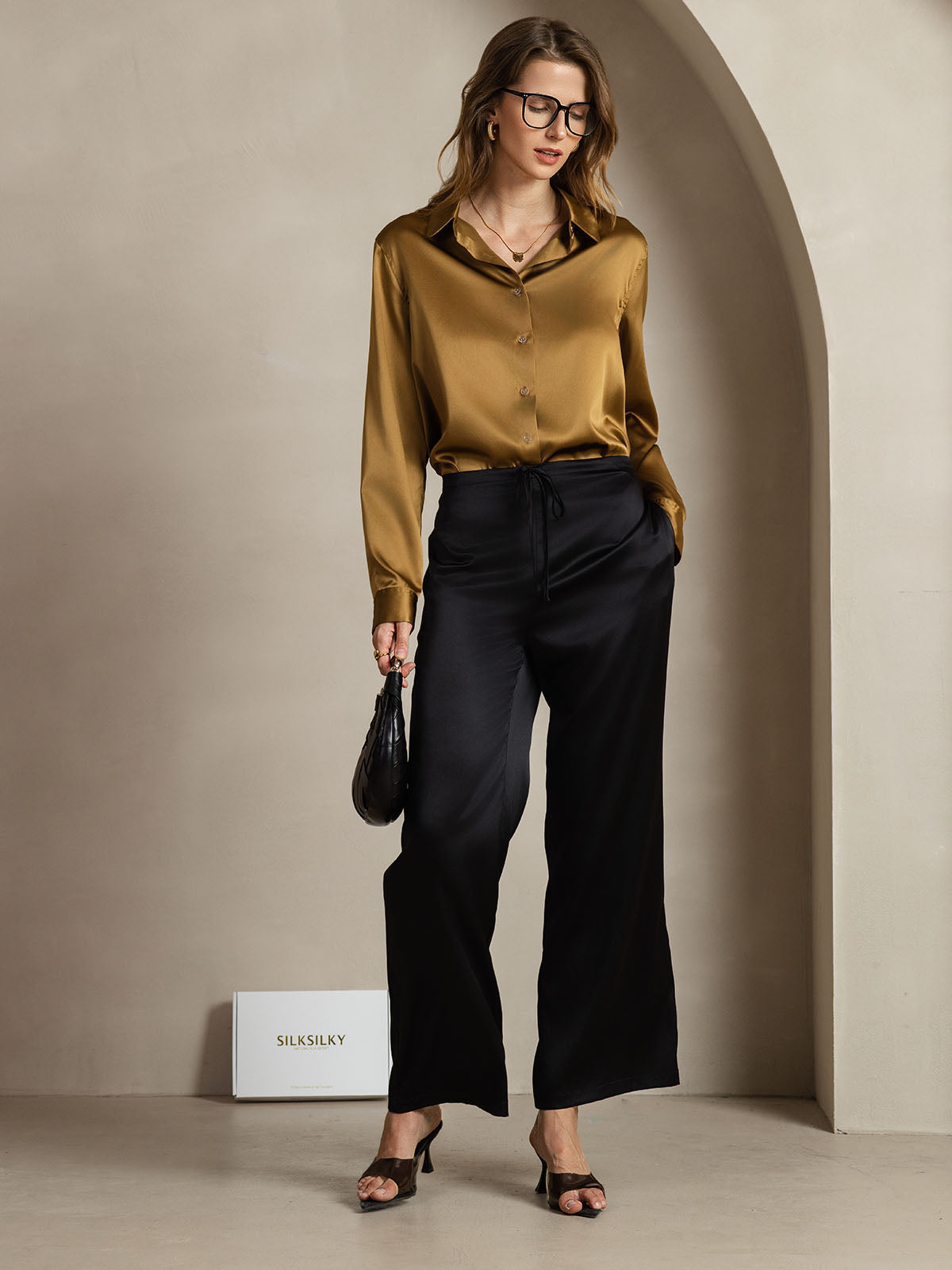 [Bronse] SilkSilky-NO Silke Lapel Collar Skjorte for Kvinner 007