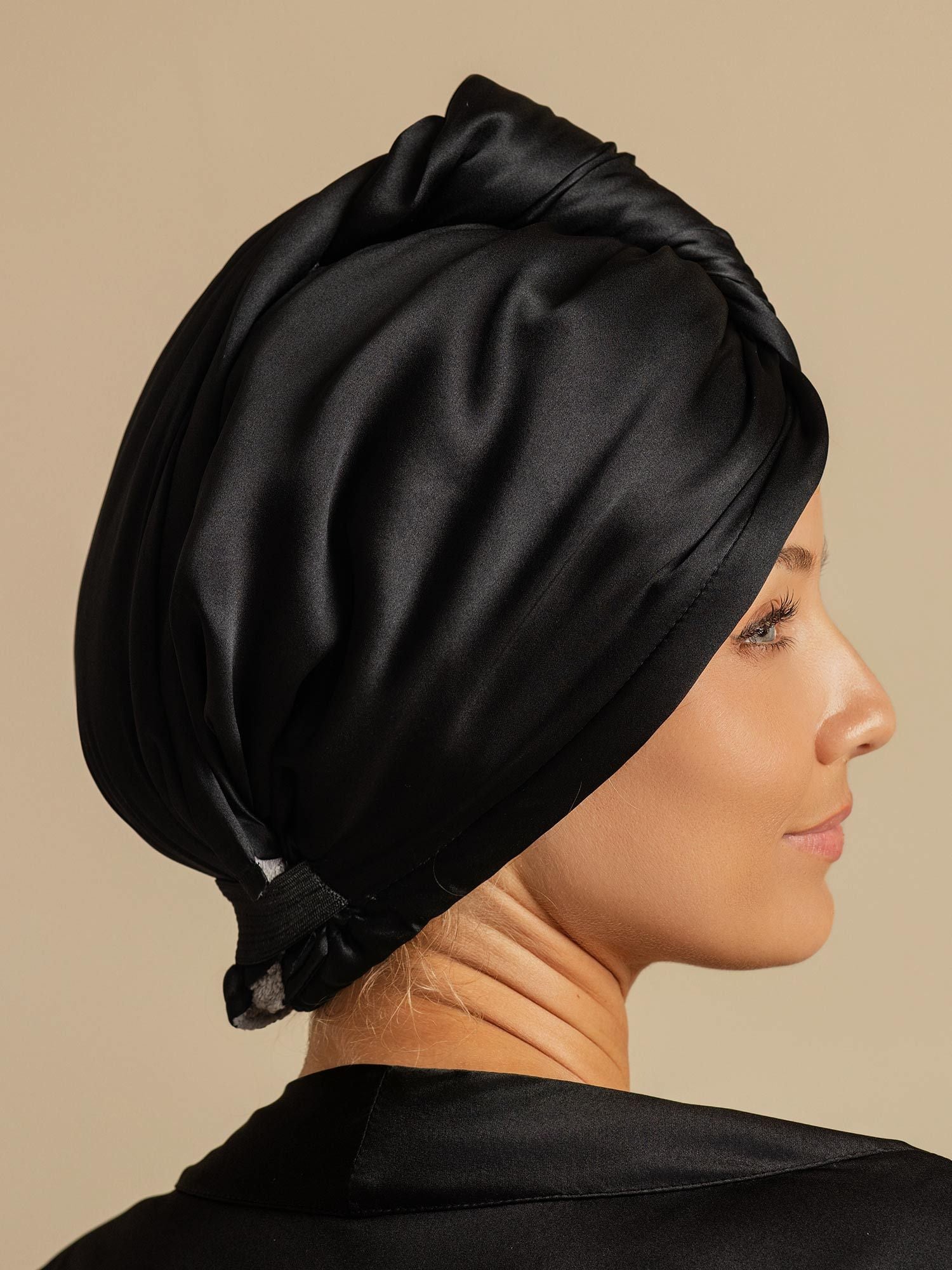[Svart] SilkSilky-NO Silke Hair Towel Wrap 002,