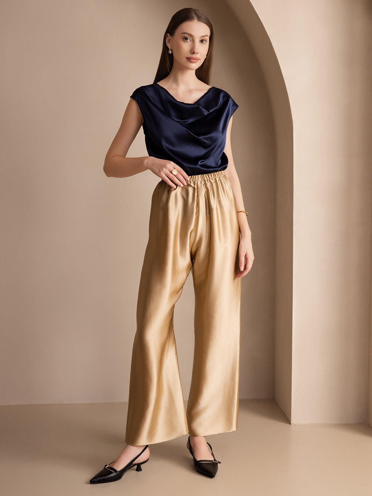 [Mørke blå] SilkSilky-NO 19Momme Silke Cowl Neck T-skjorte for Kvinner 006