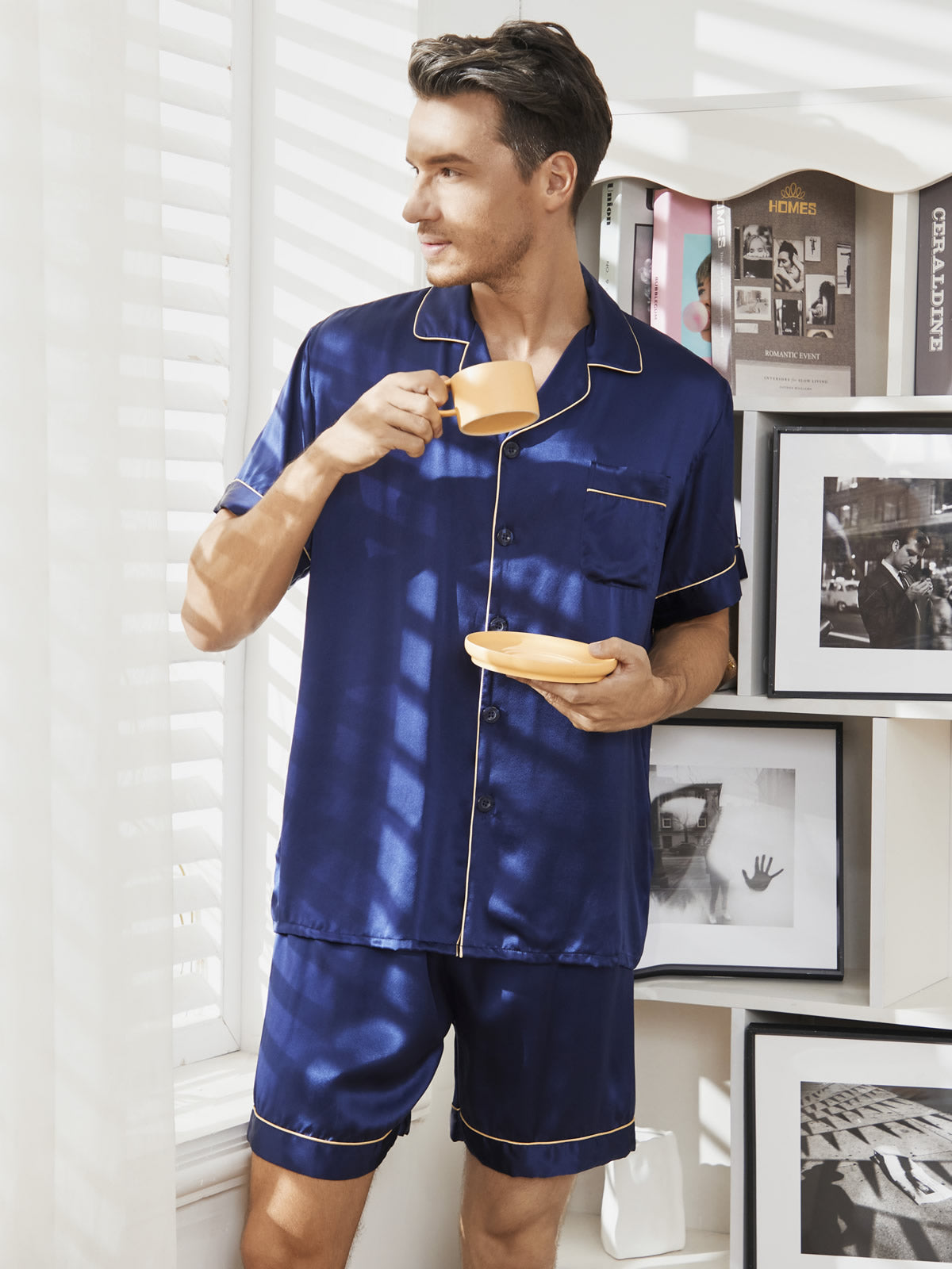[Mørke blå] SilkSilky-NO Mens Pajamas 001,