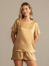 [Tan] SilkSilky-NO 19Momme Kort erm Rund Hals Pyjamas for Kvinner 007