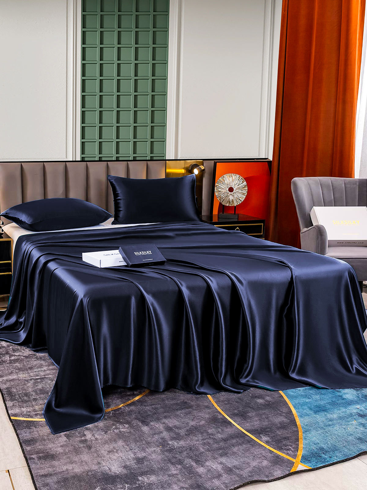 [Mørke blå] SilkSilky-NO 25Momme Bedding Set 003