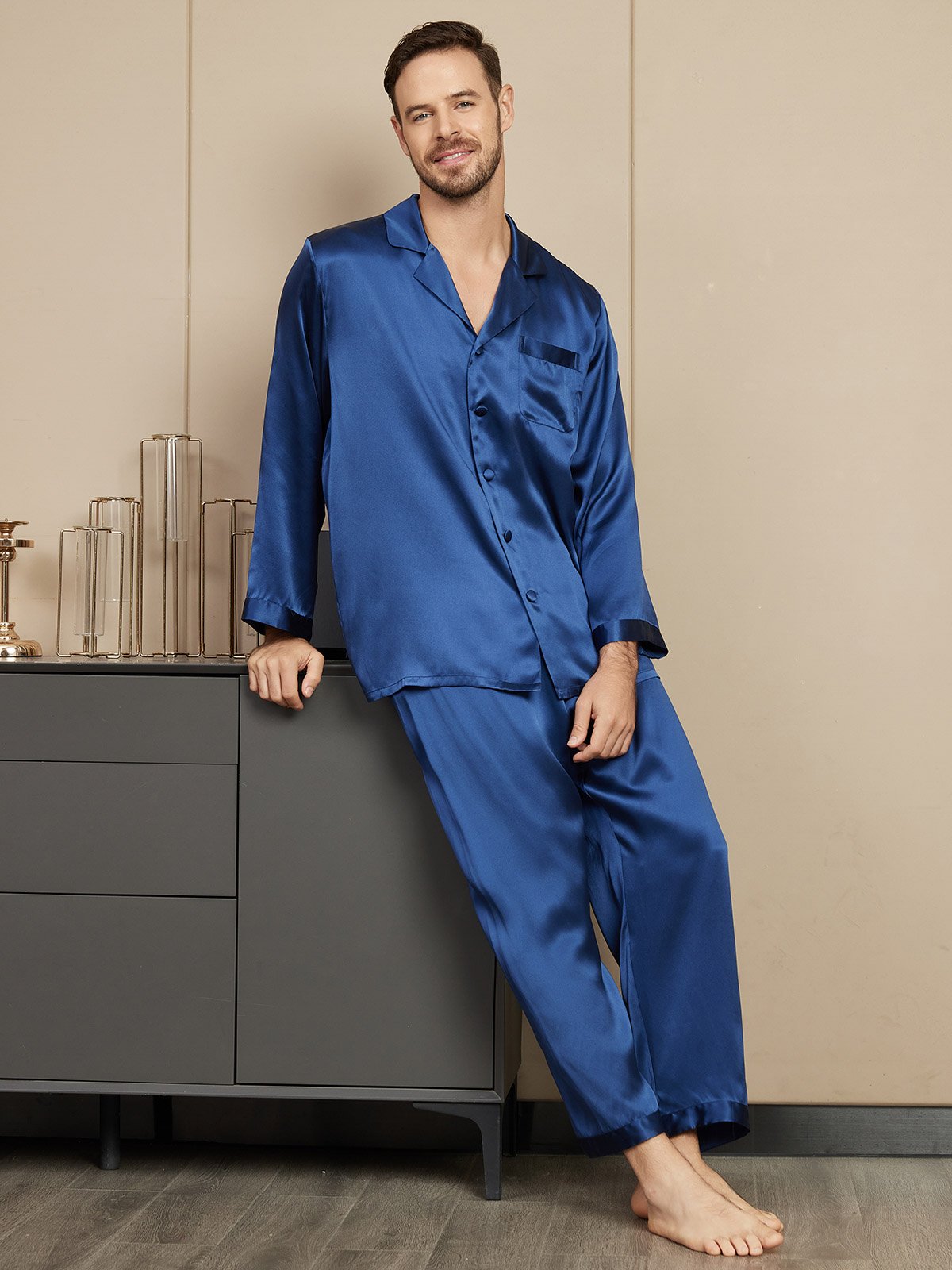 [Mørke blå] SilkSilky-NO Mens Pajamas 004
