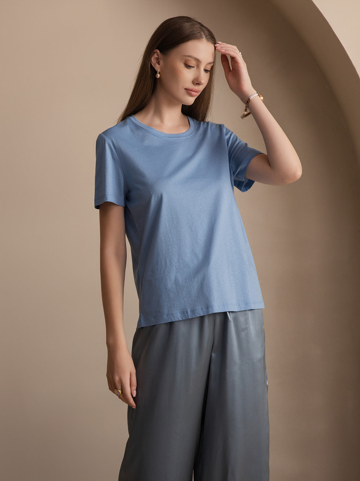 [Blå] SilkSilky-NO Silk Knitted Short Sleeve Round Neck T-skjorte for Kvinner 005