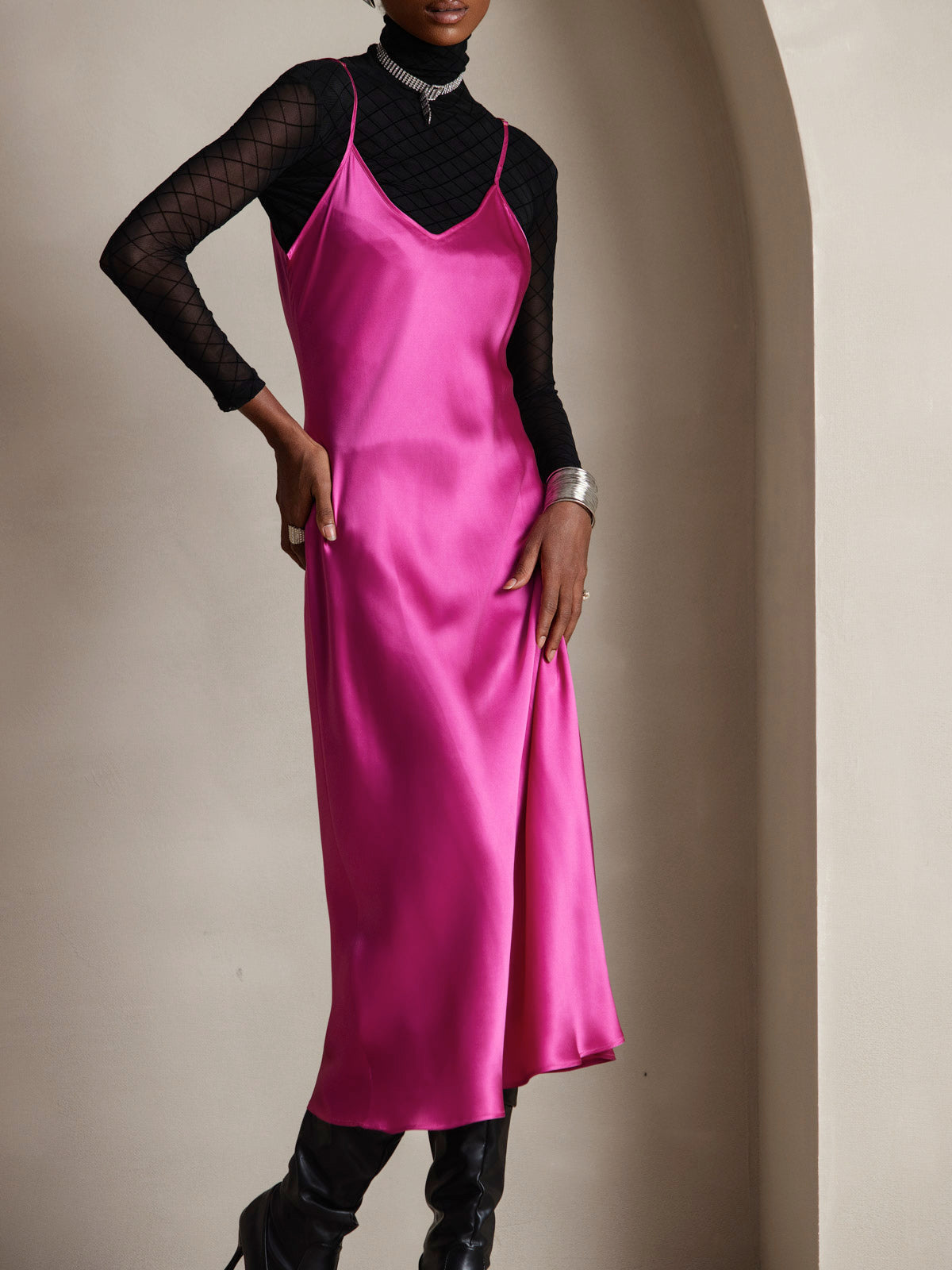 [Rosenrød] SilkSilky-NO Pure Silk Sleeveless Round Neck Kjole 006