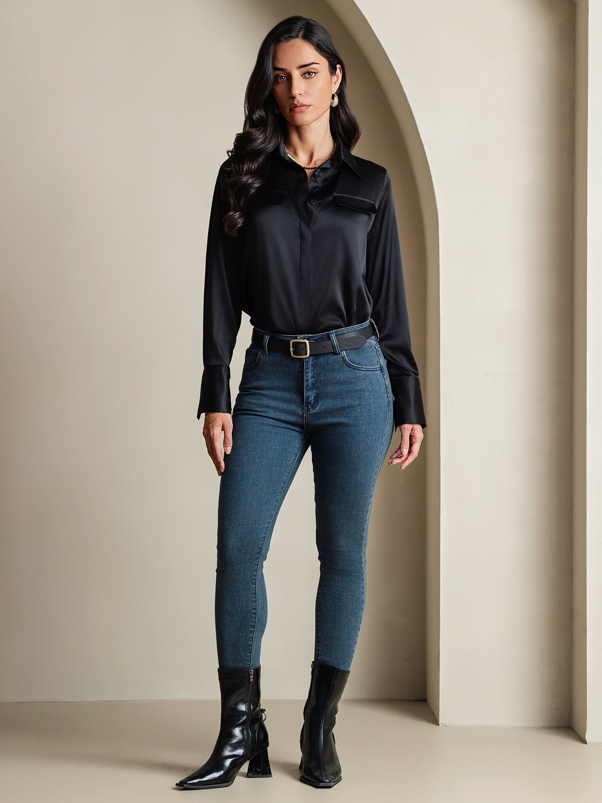 SilkSilky-NO 19Momme Silke Womens Shirt Svart 001