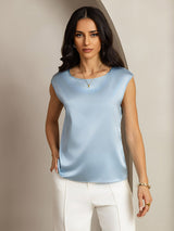 [Gråblå] SilkSilky-NO Cap Sleeve Round Neck T-skjorte for Kvinner 001