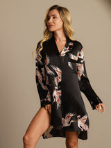 [Svart] SilkSilky-NO Long Sleeve Lapel Collar Soveskjorte 002