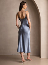 [Gråblå] SilkSilky-NO Spaghetti Strap V Neck Kjole 002