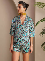 [Teal Botanisk] SilkSilky-NO Short Sleeve Notch Collar Pyjamas for Kvinner 003