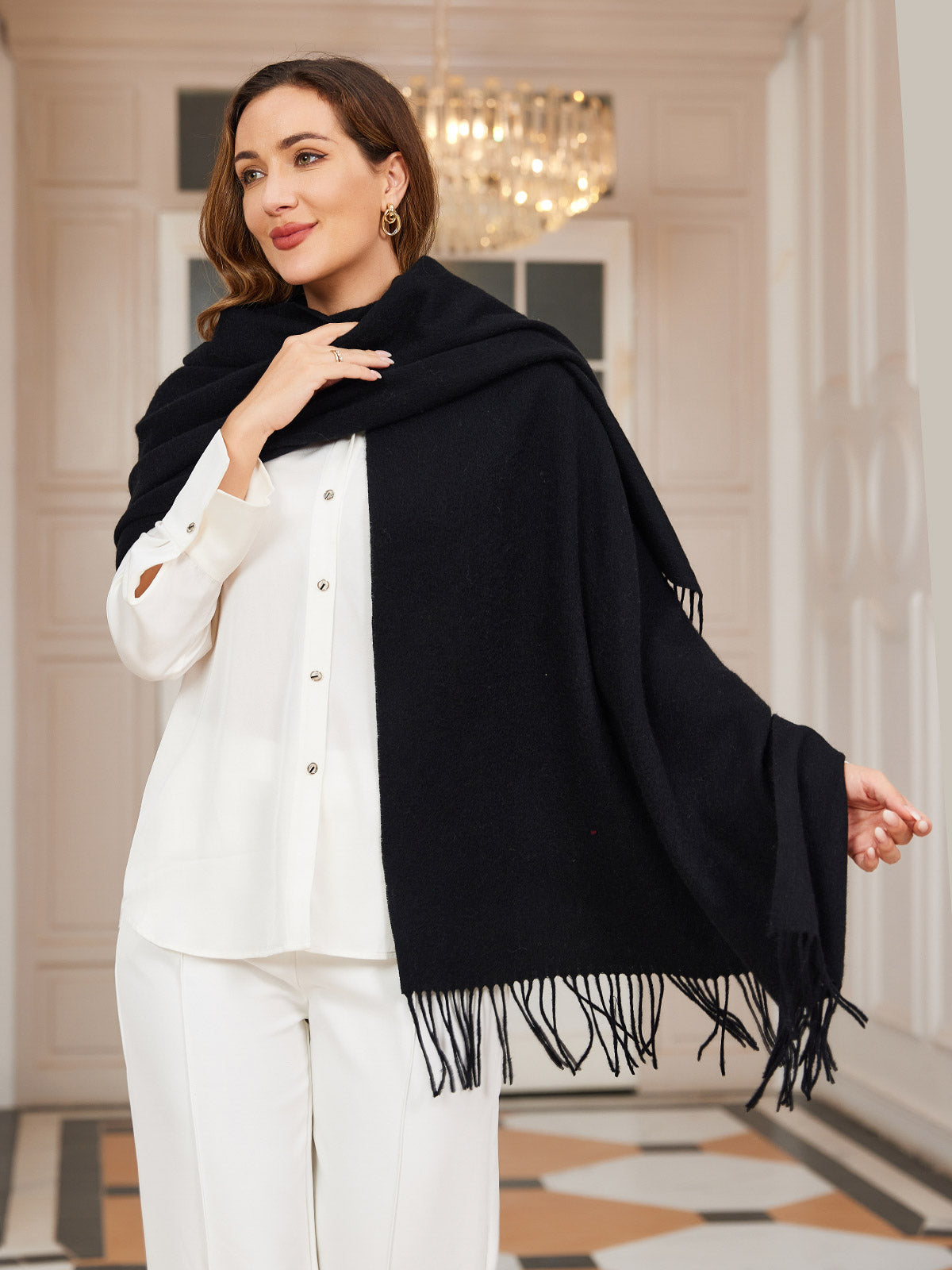 [Svart] SilkSilky-NO Ull Scarf 004