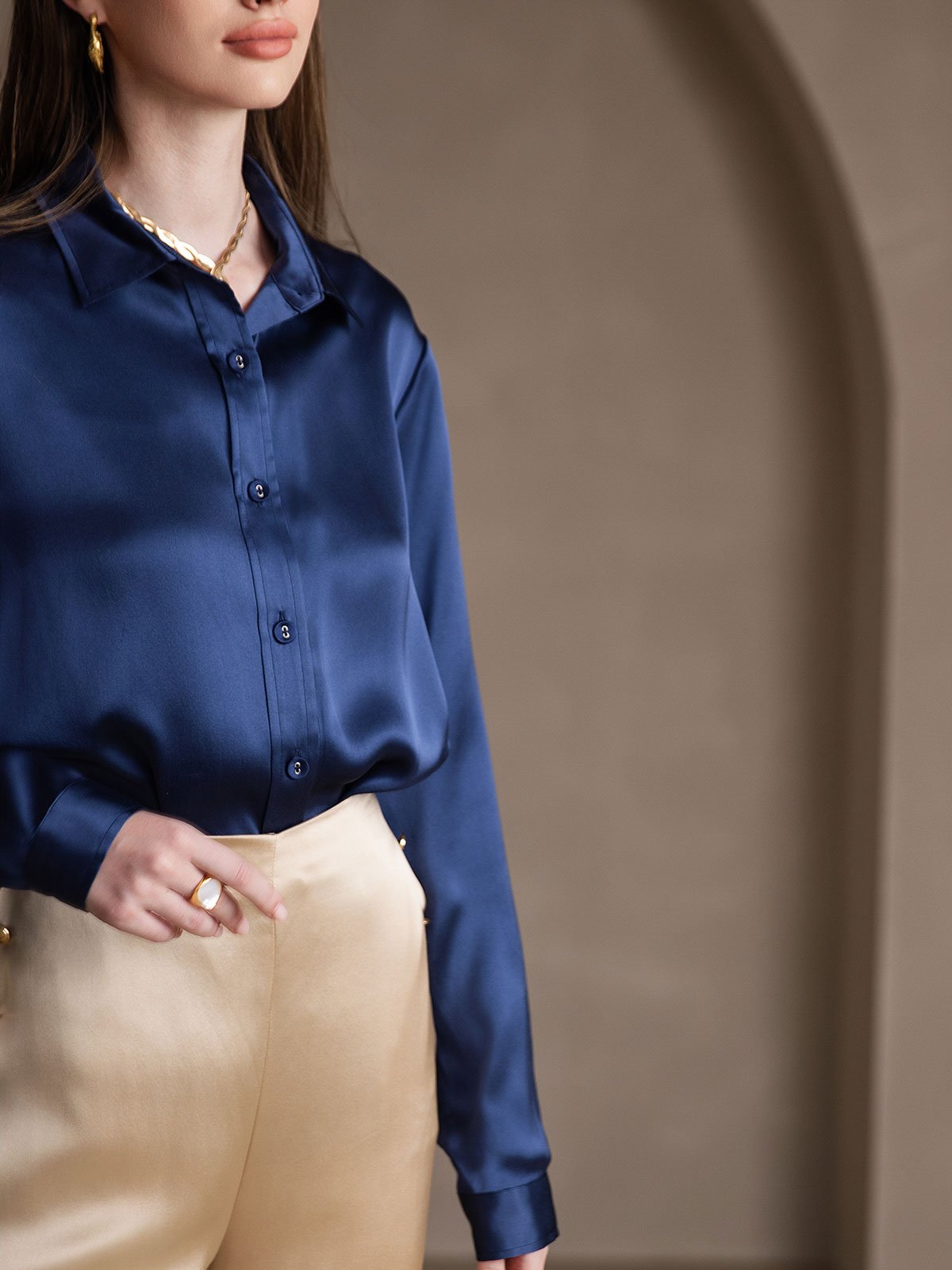 SilkSilky-NO 19Momme Silke Womens Shirt Mørkeblå 006