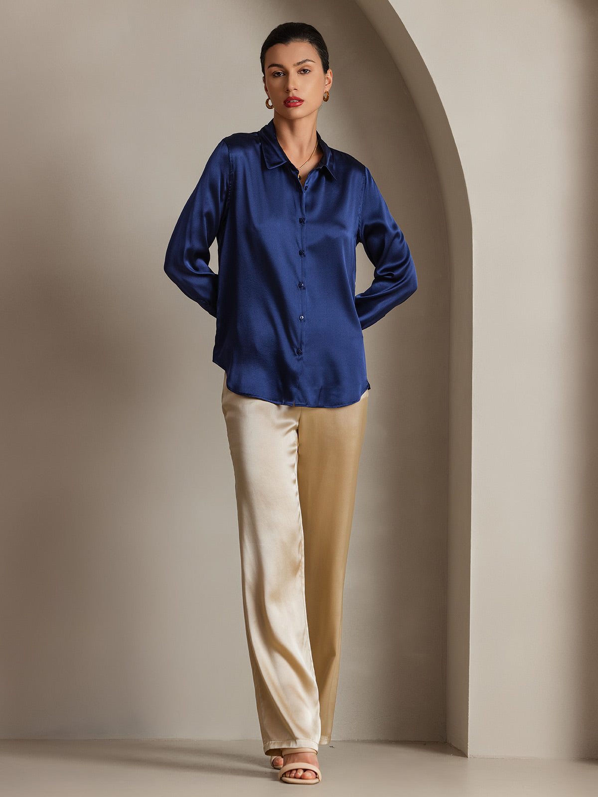 [Mørke blå] SilkSilky-NO Silke Long Sleeve Collar Skjorte for Kvinner 004