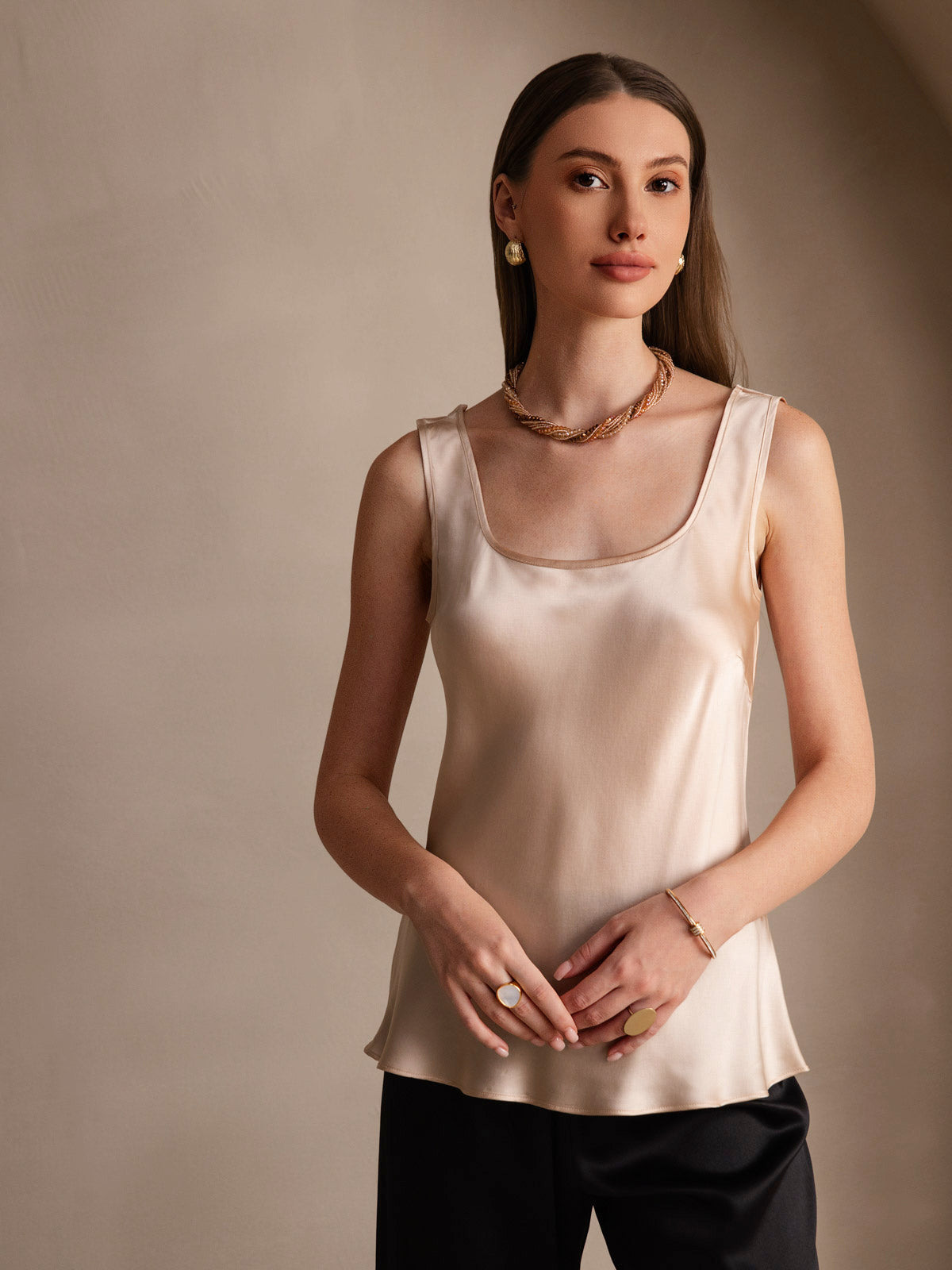 [Champagne] SilkSilky-NO 19Momme Silke U-hals Camisole Topp 004