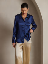 [Mørke blå] SilkSilky-NO Long Sleeve Lapel Collar Skjorte for Kvinner 003