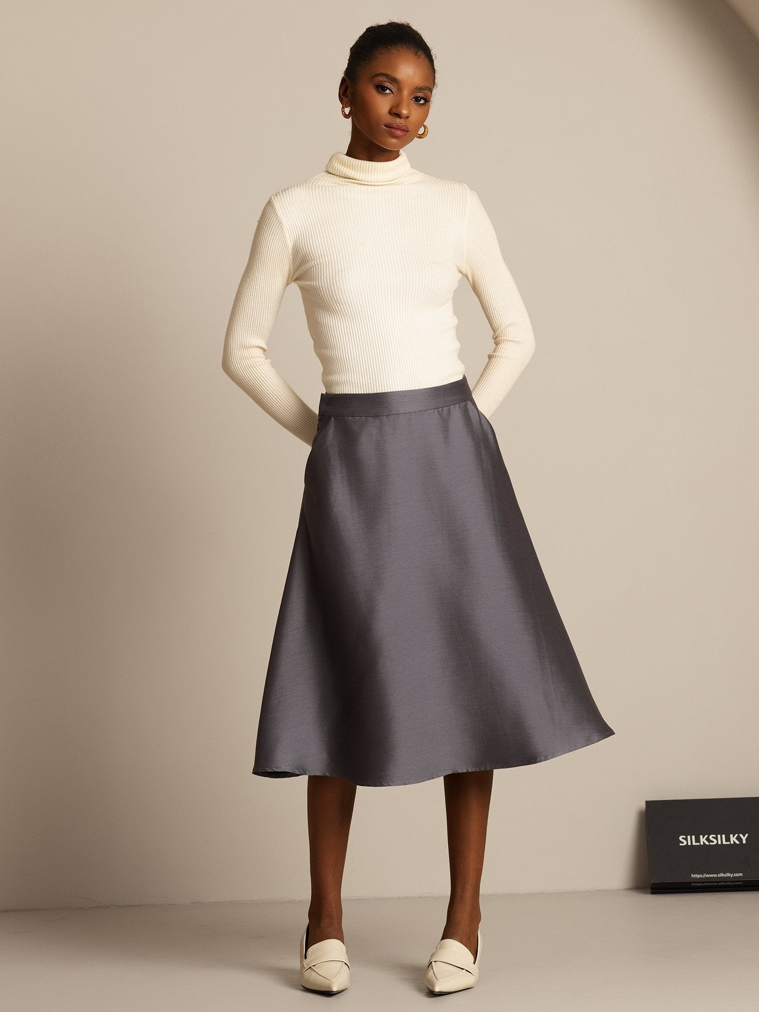 [Grå] SilkSilky-NO 32Momme Silk-Wool Blend Skirt 008,