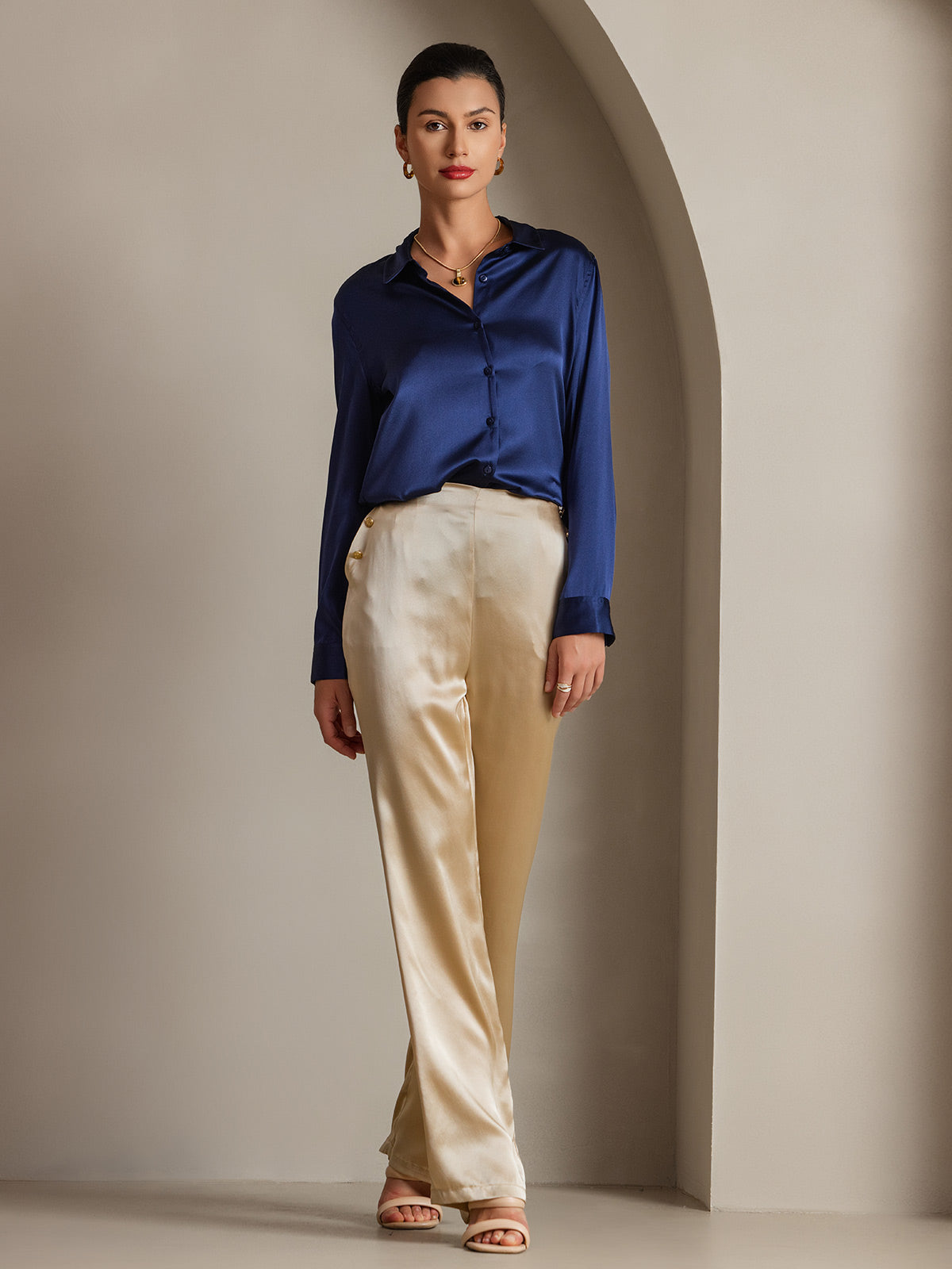 [Mørke blå] SilkSilky-NO Silke Womens Shirt 003