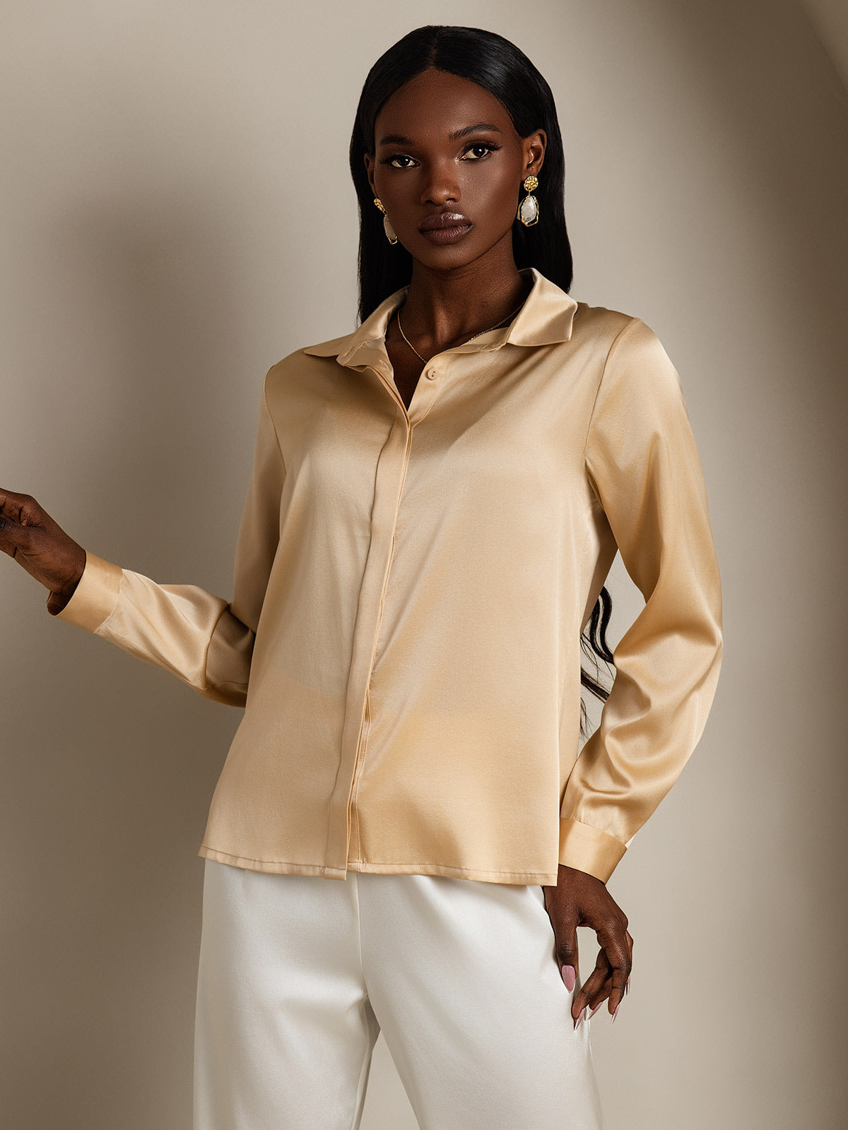 SilkSilky-NO 19Momme Womens Shirt Champagne 004