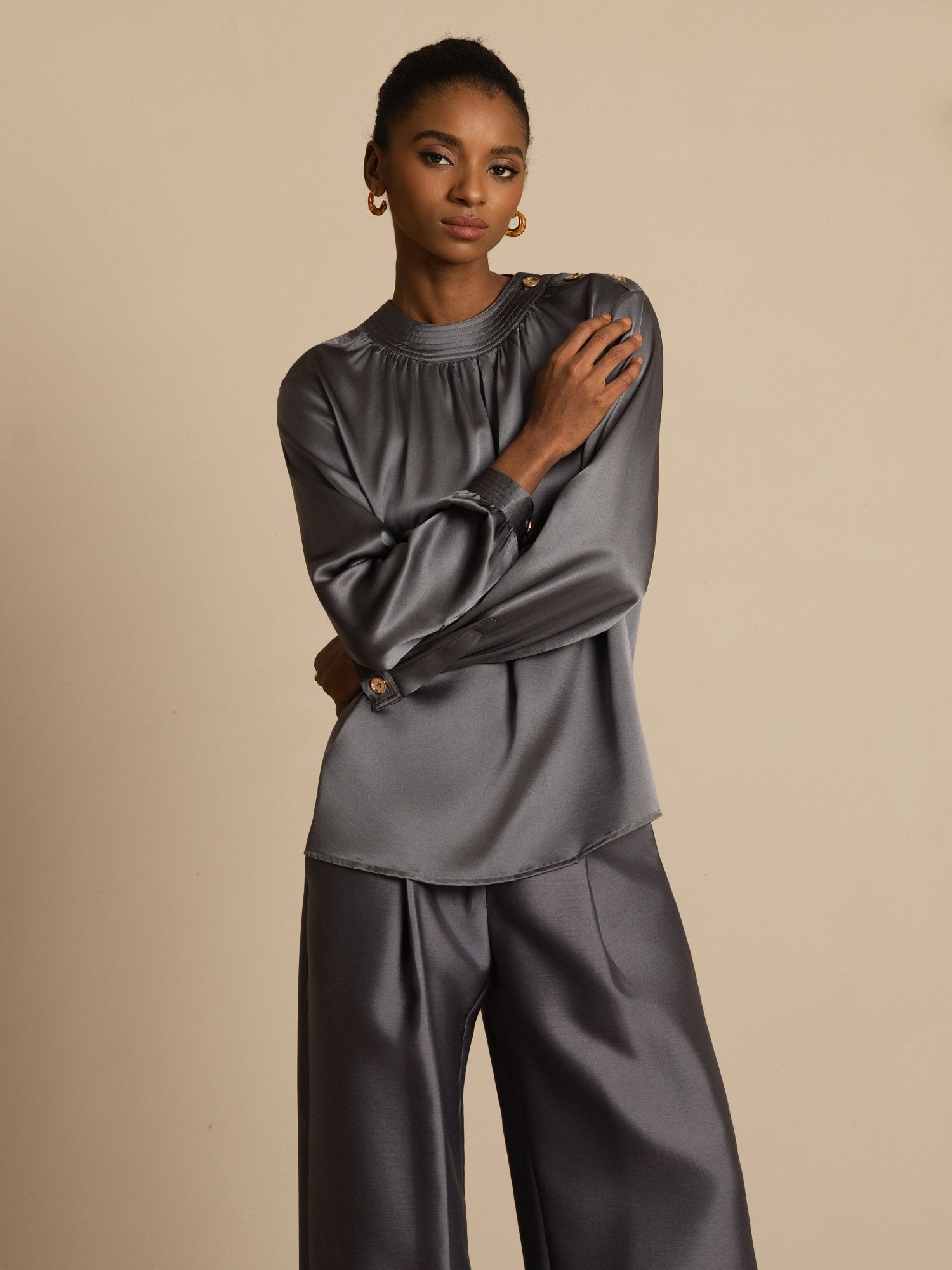 [Mørkegrå] SilkSilky-NO 19Momme Silke Langermet Rund Hals Bluse 005