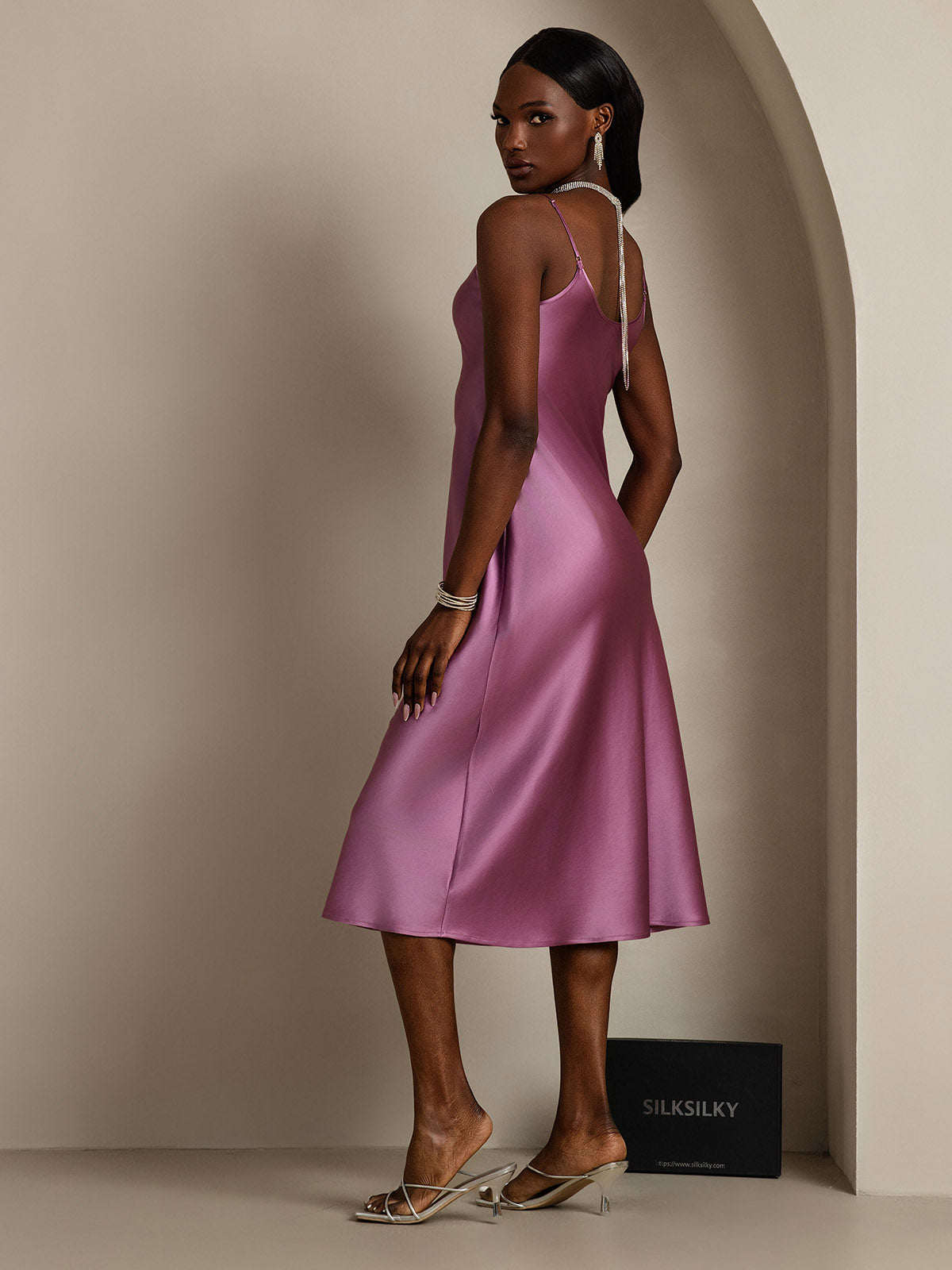[Mørklilla] SilkSilky-NO Pure Silk Sleeveless Round Neck Kjole 002