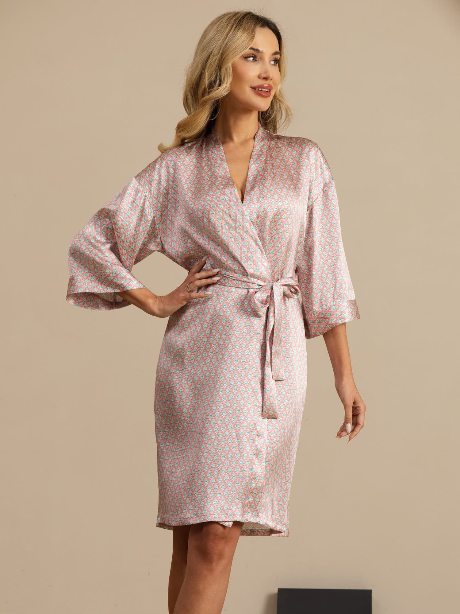 [RosaHjerteGeo] SilkSilky-NO 3/4 erme V Hals Morgenkåpe for Kvinner 003