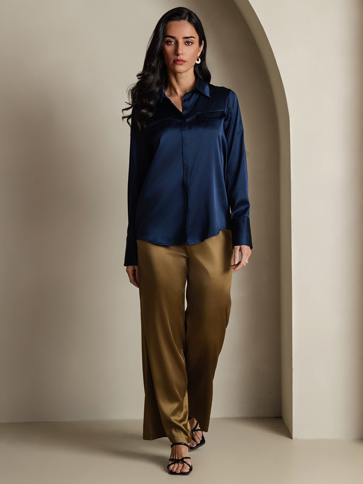 SilkSilky-NO 19Momme Silke Womens Shirt Mørkeblå 007