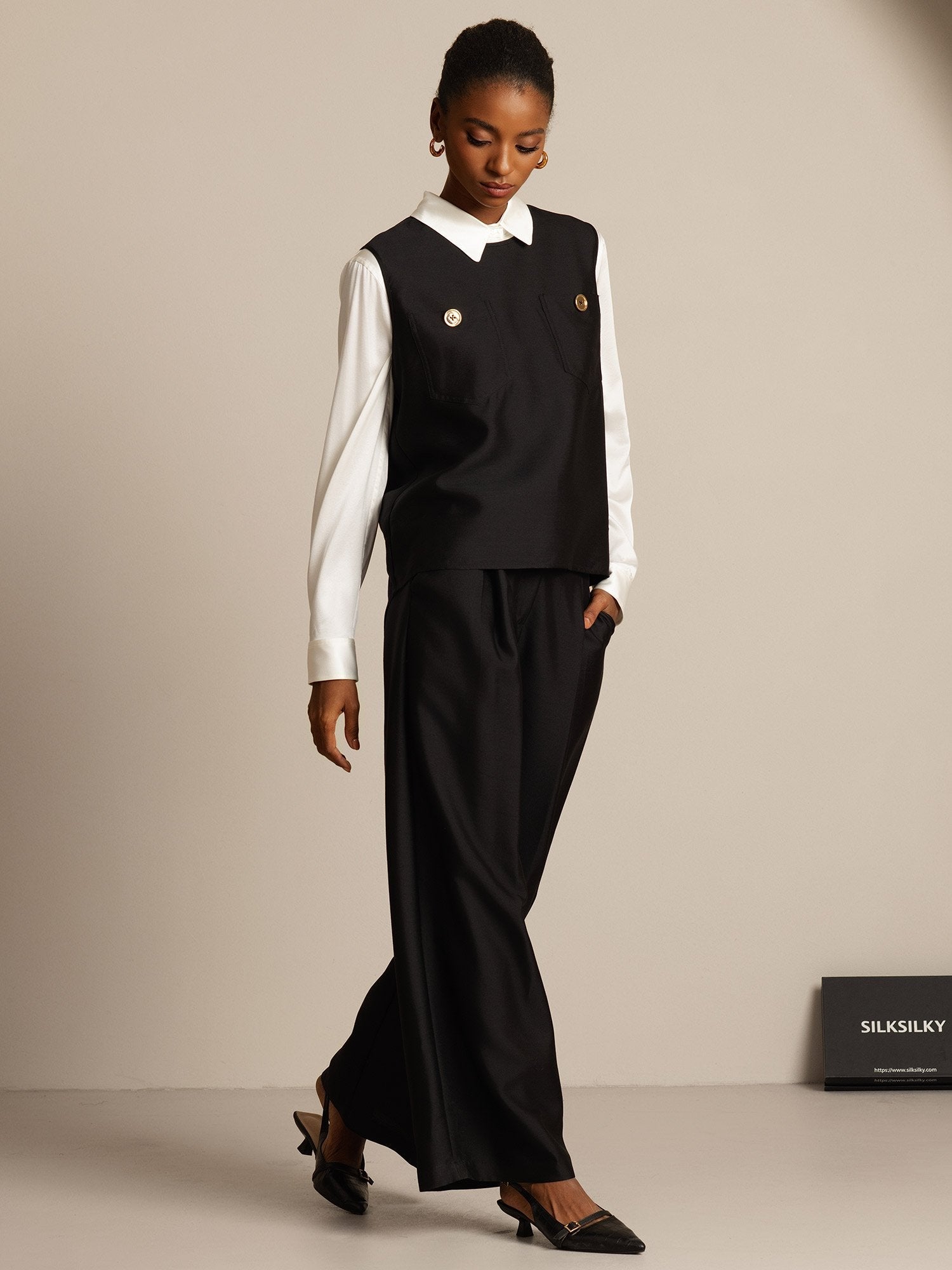 [Svart] SilkSilky-NO 32Momme Silk-Wool Blend Womens Vest 006,