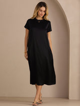 [Svart] SilkSilky-NO Short Sleeve Crew Neck Kjole 003