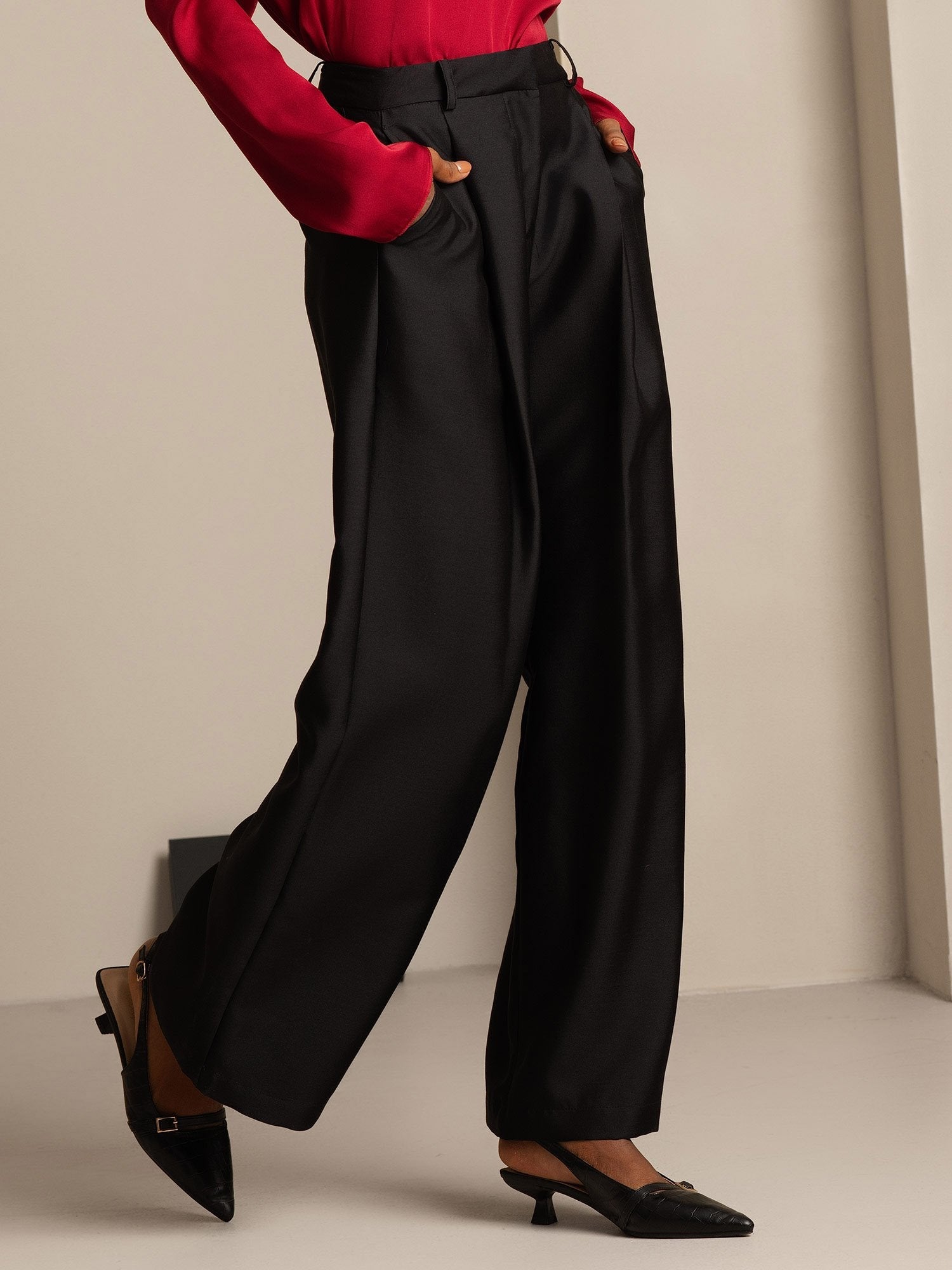 [Svart] SilkSilky-NO 32Momme Silk-Wool Blend Womens Pants 007,