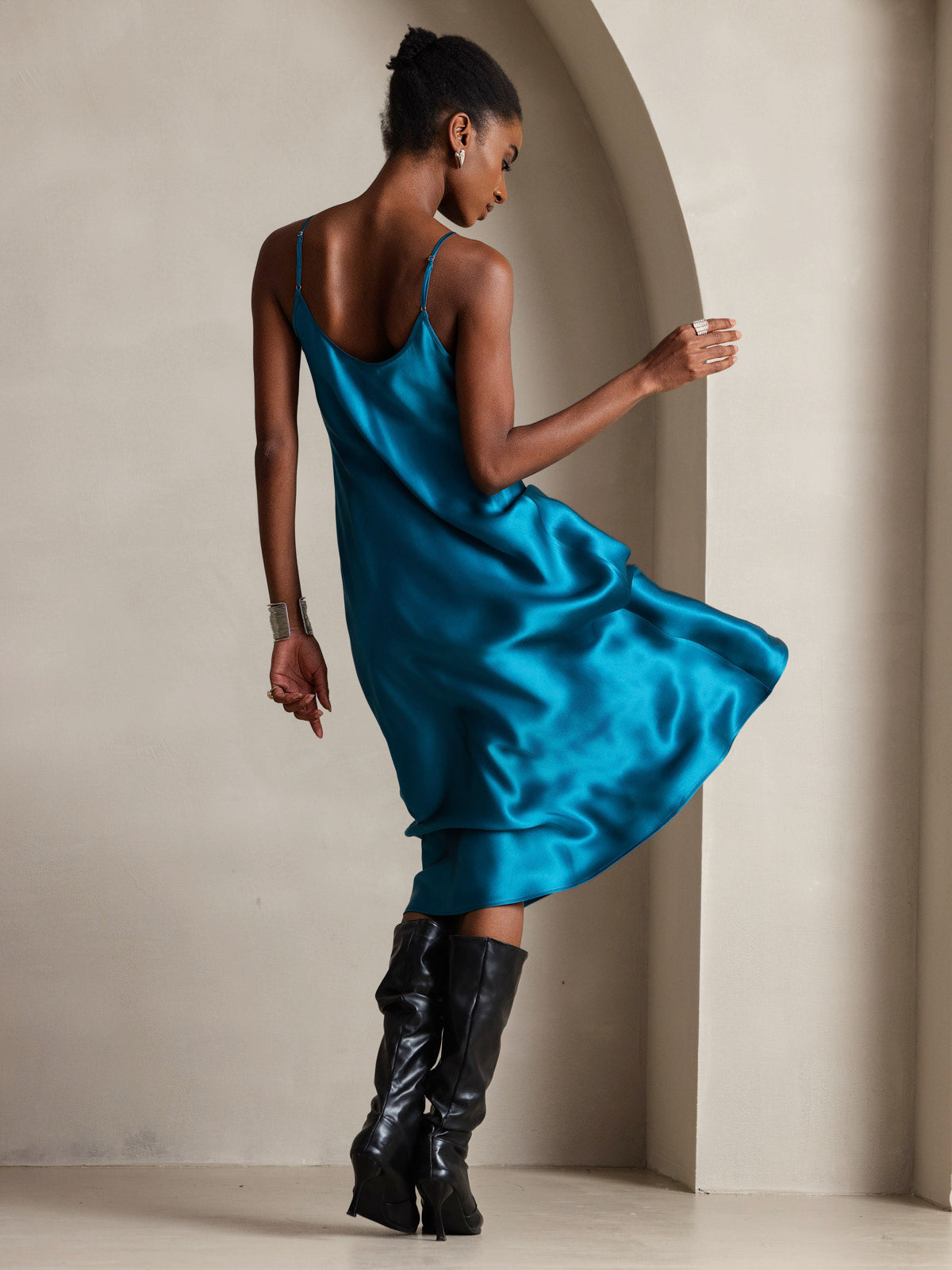 [Blågrønn] SilkSilky-NO Pure Silk Sleeveless Round Neck Kjole 002